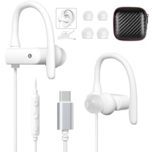 iMangoo Fones de ouvido sobre as orelhas, fones de ouvido USB C flexíveis com fio, fone de ouvido USBC com controle de volume de microfone, fones de ouvido atrás da orelha, para esportes, corrida