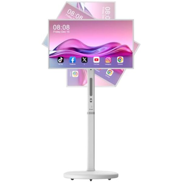 iProda Monitor de TV inteligente de 32 polegadas com rodas, tela sensível ao toque FHD, Android TV (4 GB + 64 GB), Google Play, suporte giratório completo, AirPlay e compartilhamento de tela