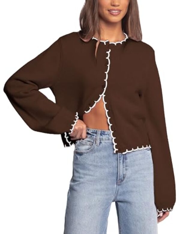 IQSQSQ Cardigã feminino leve de abotoar com acabamento recortado, gola redonda, manga comprida, suéter de malha, Marrom, Large