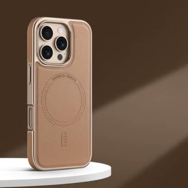 IRTGFG Capa de couro com moldura luxuosa para iPhone 16 ProMax, capa magnética com carregamento sem fio e à prova de choque (para iPhone 16 ProMax/Ouro Deserto)
