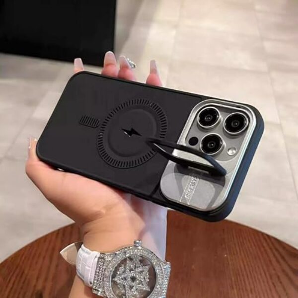 IRTGFG Capa protetora de silicone macia com suporte magnético para lente de iPhone 14 (preta)