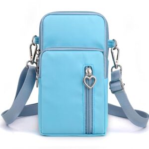 JANKS Bolsa transversal pequena para mulheres, vários bolsos com zíper, carteira de nylon, porta-cartão de crédito com alça de mão removível, Azul-claro