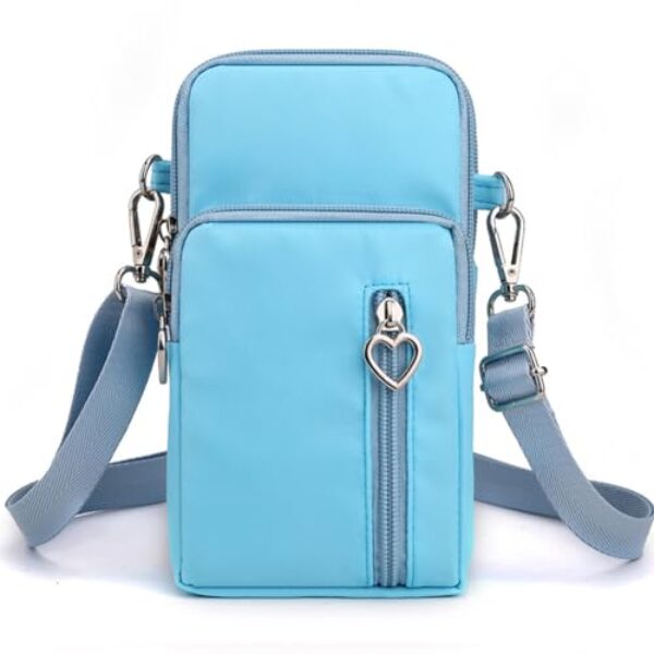 JANKS Bolsa transversal pequena para mulheres, vários bolsos com zíper, carteira de nylon, porta-cartão de crédito com alça de mão removível, Azul-claro