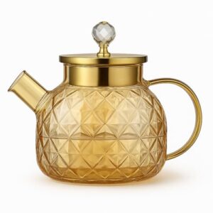 Jarra de Vidro Borossilicato Premium 1L com Tampa Dourada e Cristal – Alta Resistência Térmica, Design Lapidado Luxuoso, Ideal para Chá, Café, Sucos e Infusões