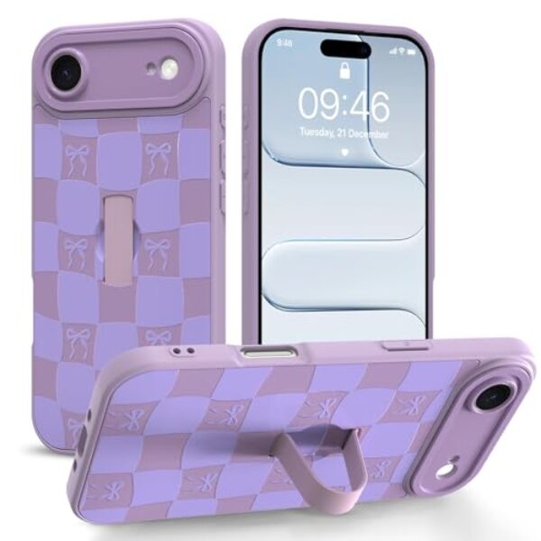 Jefonha Capa quadriculada para iPhone Air com alça de dedo suporte bonito arco xadrez capa de telefone para mulheres e meninas, proteção total da câmera à prova de choque para Air 6,5 polegadas, roxo