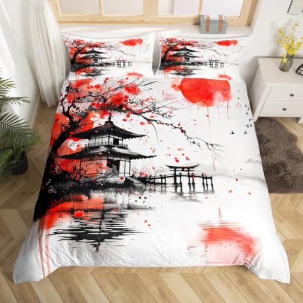 jejeloiu Jogo de cama de anime japonês, tamanho Queen, japonês, flor de cerejeira, floral, capa de edredom para meninos e meninas, capa de edredom de microfibra macia e leve, sem enchimento