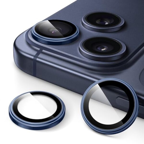 JETech Protetor de Lente de Câmera para iPhone 17 Pro 6,3 Polegadas e iPhone 17 Pro Max 6,9 Polegadas, Vidro Temperado 9H, Case de Anel Individual de Metal, HD Claro, 1 Conjunto (Azul-intenso)