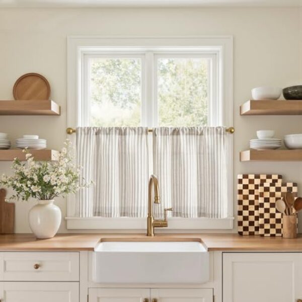 jinchan Cortinas listradas de linho para cozinha, 50,8 cm, estilo fazenda, moderno, café, tratamentos de janela pequena, bolso para varão de filtragem de luz arejada para sala de estar, banheiro, 2