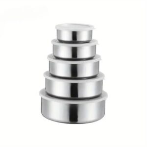 Jogo 5 Potes Tigelas em Inox Alumínio Com Tampa Redondo