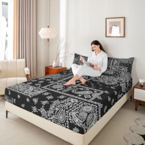 Jogo de cama solteiro Paisley com estampa floral jacquard estilo boêmio, 2 peças, estampa floral preta e branca com 1 fronha, decoração de quarto infantil e adolescente, roupa de cama macia (não plana