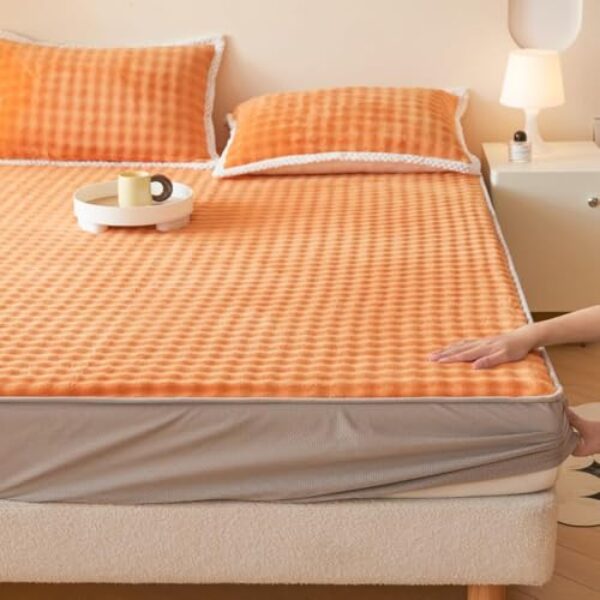 Jogo de lençol de veludo para todas as estações, protetor de colchão com bolso profundo, elástico, extramacio, cores sólidas, calor outono/inverno, primavera, confortável, capa de cama laranja||200 x