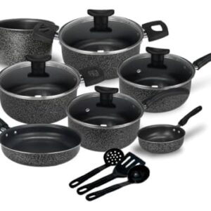 Jogo de Panelas Antiaderente 10 Peças com Tampas de Vidro, Utensílios de Nylon