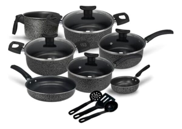 Jogo de Panelas Antiaderente 10 Peças com Tampas de Vidro, Utensílios de Nylon