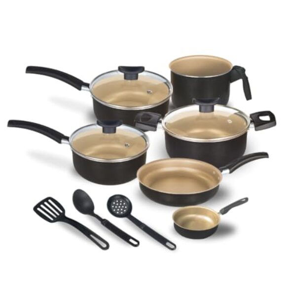 Jogo de Panelas Kit 9 Pçs Antiaderente Tampa Vidro Teflon(Preto com Creme)