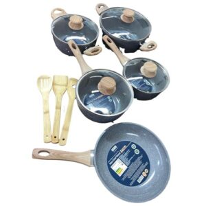 Jogo de Panelas Max Chef Wood, 8 Peças, Antiaderente Cerâmico, Compatível com Fogão Indução, Cabo Madeira, Cinza e Azul Chumbo