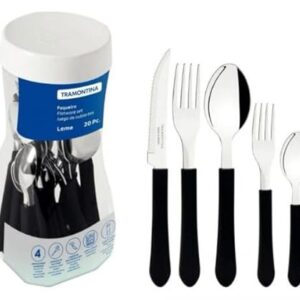 jogo de talheres Leme, 20 Peças, Aço Inox com Cabo Polipropileno Preto, Conjunto de Talheres com Pote Organizadorpara sua casa cozinha kite e jogo de talheres
