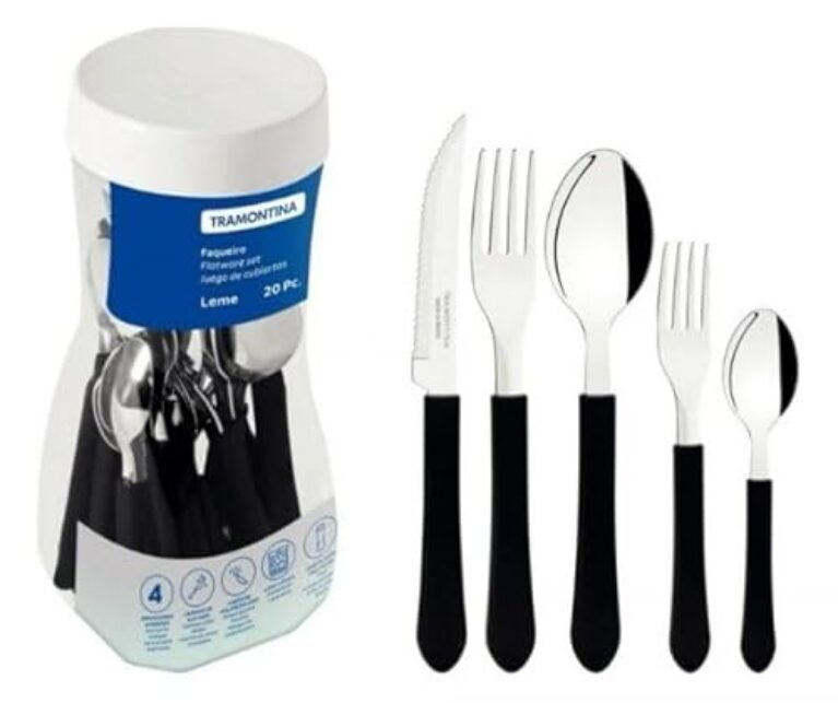 jogo de talheres Leme, 20 Peças, Aço Inox com Cabo Polipropileno Preto, Conjunto de Talheres com Pote Organizadorpara sua casa cozinha kite e jogo de talheres