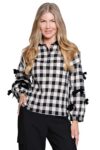 John-Mark Blusa feminina xadrez abotoada com gola de veludo, Preto, GG