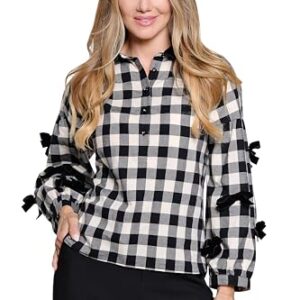 John-Mark Blusa feminina xadrez abotoada com gola de veludo, Preto, GG