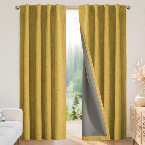 Joydeco Cortinas blackout 100% para quarto - Cortinas de linho natural 132 cm L x 183 cm C de comprimento, isolamento térmico 2 painéis cortinas com bloqueio de luz amarela, bolso para varão e abas