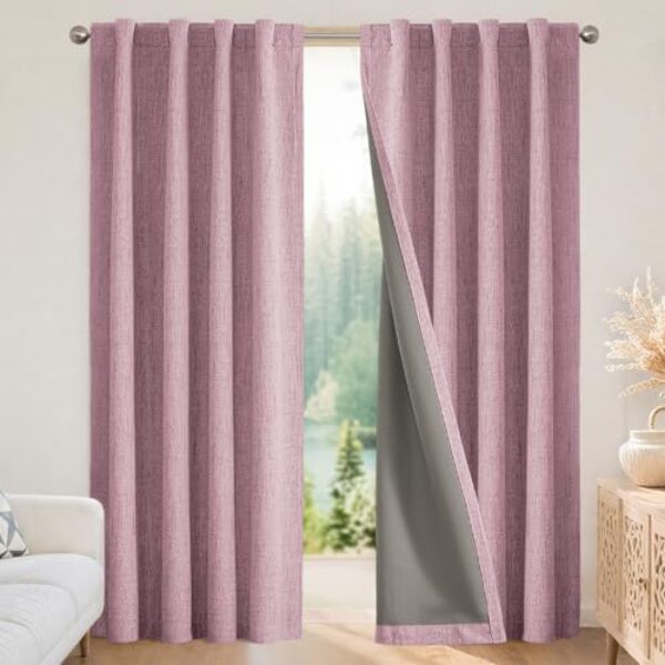 Joydeco Cortinas blackout 100% para quarto - Cortinas de linho natural 178 cm L x 274 cm C de comprimento, 2 painéis com isolamento térmico, cortinas com bloqueio de luz rosa, bolso para varão e abas