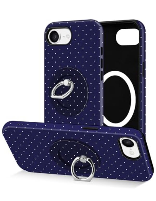 Jusy Capa de telefone compatível com Magsafe de bolinhas para iPhone 16e, linda capa de suporte de anel magnético estético, TPU macio e capa protetora de policarbonato rígido para mulheres e meninas