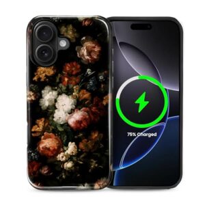 Kapadiy Capa magnética para iPhone 16 Plus, compatível com MagSafe retrô floral escuro design gótico híbrido proteção dupla de silicone + capa de corpo inteiro à prova de choque de policarbonato