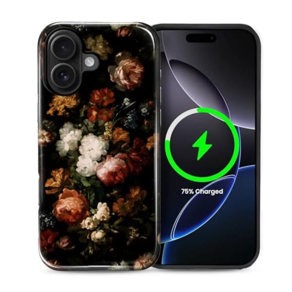 Kapadiy Capa magnética para iPhone 16 Plus, compatível com MagSafe retrô floral escuro design gótico híbrido proteção dupla de silicone + capa de corpo inteiro à prova de choque de policarbonato