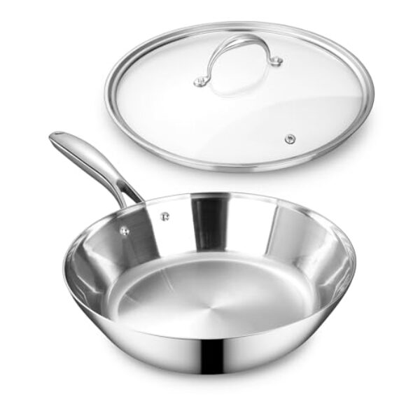 KEAWELL Frigideira K3 de aço inoxidável premium com tampa de vidro temperado, alça para manter fresca, pode ser lavada na lava-louças, segura para forno até 315 °C, pronta para indução, compatível com