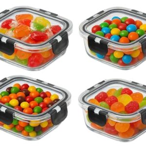 KEPSE Recipientes de armazenamento de alimentos de vidro com tampas herméticas de encaixe para preparação de refeições, sobras de panificação, lancheiras (preto, pacote com 4 quadrados de 325 ml)