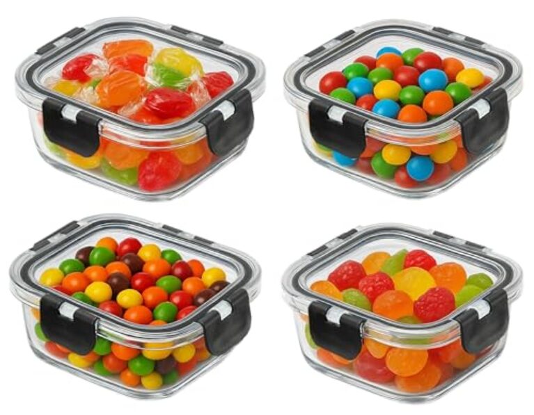 KEPSE Recipientes de armazenamento de alimentos de vidro com tampas herméticas de encaixe para preparação de refeições, sobras de panificação, lancheiras (preto, pacote com 4 quadrados de 325 ml)