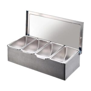 KiBcsLic Potes de tempero de aço inoxidável, organizador de compartimentos removíveis multifuncionais, bandeja de condimentos para churrasco e festa, 4 Grades