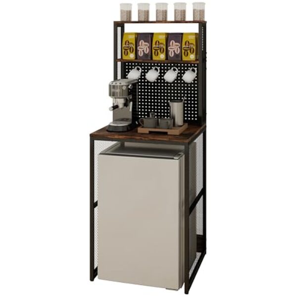 KirKical Mini suporte de geladeira com armazenamento, mesa de café, cozinha, prateleira de micro-ondas, prateleira de padeiro, armário de dormitório com espaço para mini geladeira, madeira vintage