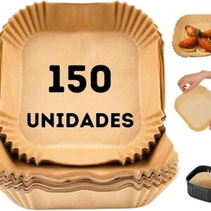 Kit 150 Formas de Papel para AirFryer Quadradas 20x20cm – Antiaderente, Descartável, Resistente ao Calor, Proteção Total contra Gordura e Resíduos (150)