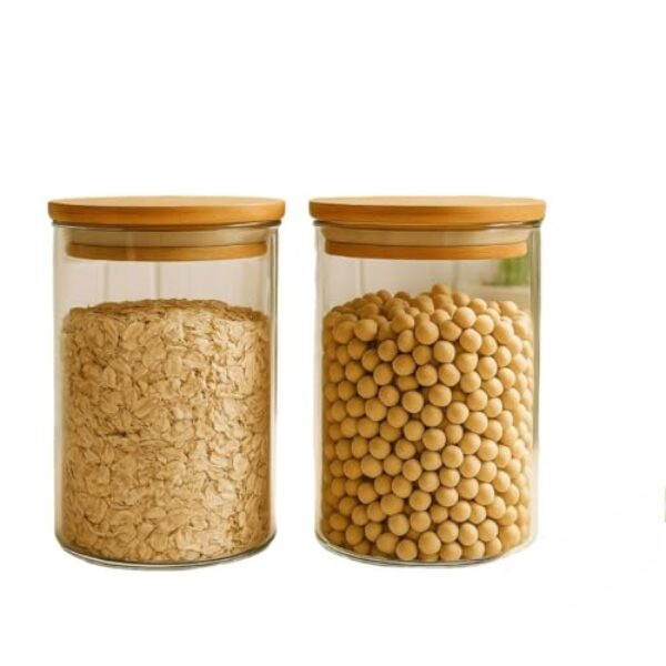 Kit 2 Potes de Vidro 1000ml Tampa de Bambu Hermetico Premium Redondo Mantimentos Tempero Alimentos