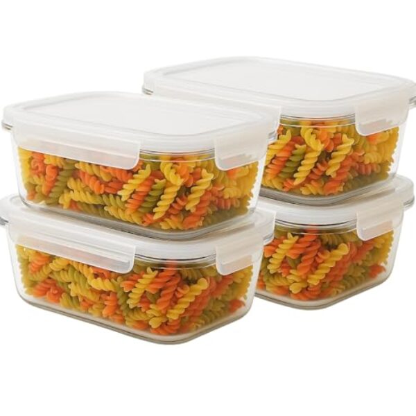Kit 4 Potes de Vidro 1045ml com Tampa Hermética Retangular – Ideal para Freezer, Micro-ondas, Geladeira, Marmita 4 Travas Resistente Altas Temperaturas Organização