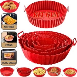 Kit 6 Formas de Silicone Reutilizáveis para Air Fryer, Forno e Micro-ondas – Antiaderente, Lavável, Tamanhos 5,5cm a 20cm – Ideal para Bolos, Tortas e Snacks