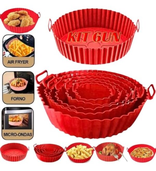 Kit 6 Formas de Silicone Reutilizáveis para Air Fryer, Forno e Micro-ondas – Antiaderente, Lavável, Tamanhos 5,5cm a 20cm – Ideal para Bolos, Tortas e Snacks