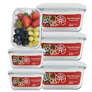 Kit 6 Potes Herméticos de Vidro, Marmita 640ml, Resistente, Tampa com Travas e Anel de Silicone, para Forno, Micro-ondas, Air Fryer e Freezer