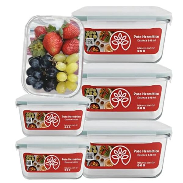 Kit 6 Potes Herméticos de Vidro, Marmita 640ml, Resistente, Tampa com Travas e Anel de Silicone, para Forno, Micro-ondas, Air Fryer e Freezer