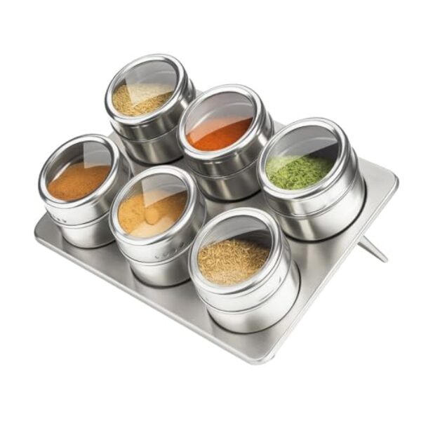 Kit 6 Potes Porta Condimento Inox Magnético Com Base Suporte Imã 75ml Organizador Cozinha