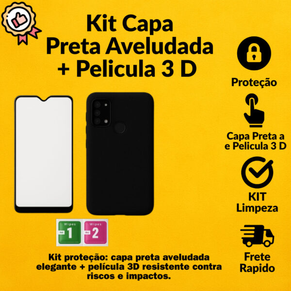 Kit Capa Aveludada Preta + Película 3D Vidro – Galaxy A26 5G /A26/ A51/A03 /A14 4G/A24/A04/A54 5G/A05S/A13 4G/A17/A06