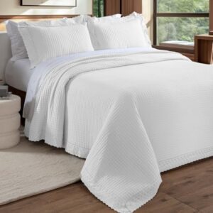 Kit Colcha Cobre Leito Cama King 3 Peças 300 Fios Bordado Inglês Toque Macio Com Porta Travesseiro(Branco)