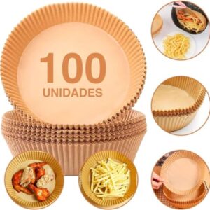 Kit com 100 Formas Descartáveis de Papel para Air Fryer, Redondo, Branco, Papel Manteiga, Antiaderente