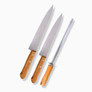 Kit com 2 Facas Inox e 1 Chaira de Inox Cabo de Madeira Afiadas e Duráveis Facas de Cozinha Conjunto Facas Duráveis e Resistente Conjunto de Facas Grandes e Duráveis Amolador de facas profissional