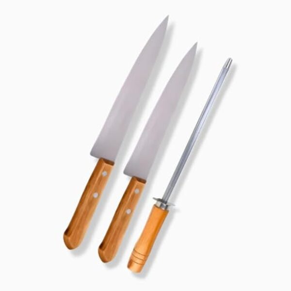 Kit com 2 Facas Inox e 1 Chaira de Inox Cabo de Madeira Afiadas e Duráveis Facas de Cozinha Conjunto Facas Duráveis e Resistente Conjunto de Facas Grandes e Duráveis Amolador de facas profissional