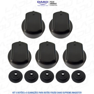 KIT COM 5 BOTÕES MANÍPULOS + 5 VEDAÇÕES PARA BOTÂO; FOGÃO DAKO SUPREME E MAGISTER 4 OU 5 BOCAS 100% ORIGINAIS DE FÁBRICA