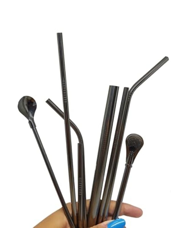 Kit Completo 10 em 1 – Canudos de Inox Reutilizáveis com Escova, Estojo e Modelos Variados | Perfeito para Smoothies, Sucos e Drinks (Preto)