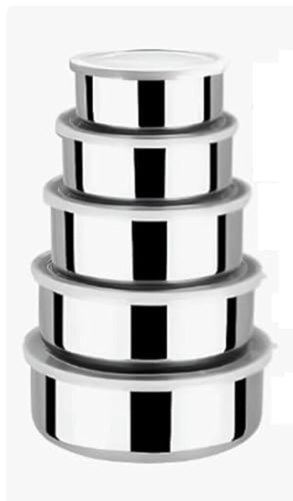 Kit conjunto 5 Potes de Aço Inox com Tampa – Para Cozinha Moderna, Armazenar Alimentos e Marmitas. Ideal para Cozinha Organizada e Refeições Diárias