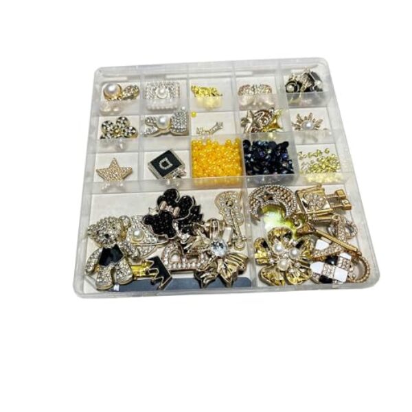 Kit de berloques de capa de telefone lixo, adesivos de capa de telefone com glitter dourado e preto com caixa de armazenamento, acessórios DIY para bolsas, sapatos, pingentes para unhas DIY, laço fofo